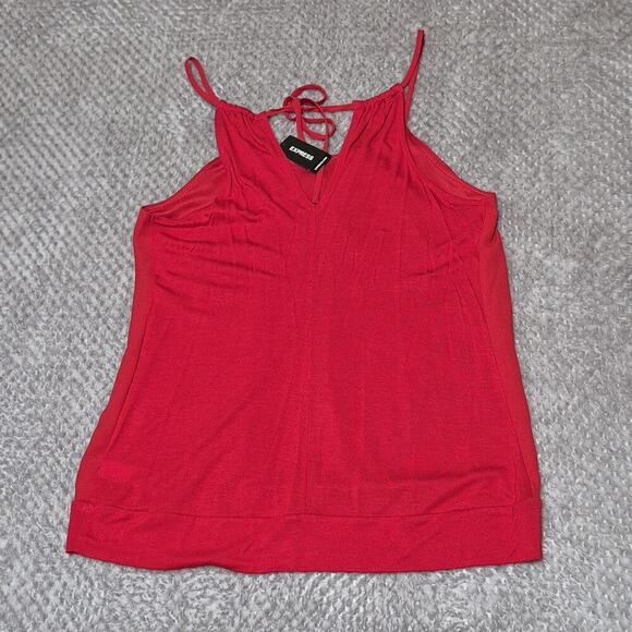 New Express Tank Halter Top Women Small Vibrant Red Pleated Neckline Sleeveless - Picture 2 of 6